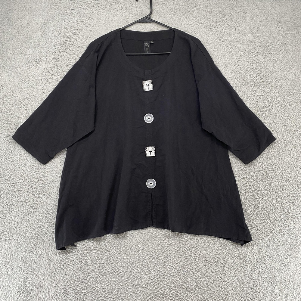 Focus Casual Life Tunic Top Womens Medium Black 100% Cotton Button Front Boxy